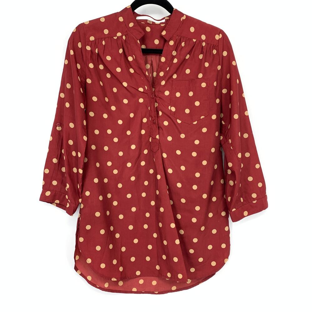 ModCloth Fun 2 Fun 3/4 Sleeve Blouse Womens Sz M Rust Beige Polka Dot Print